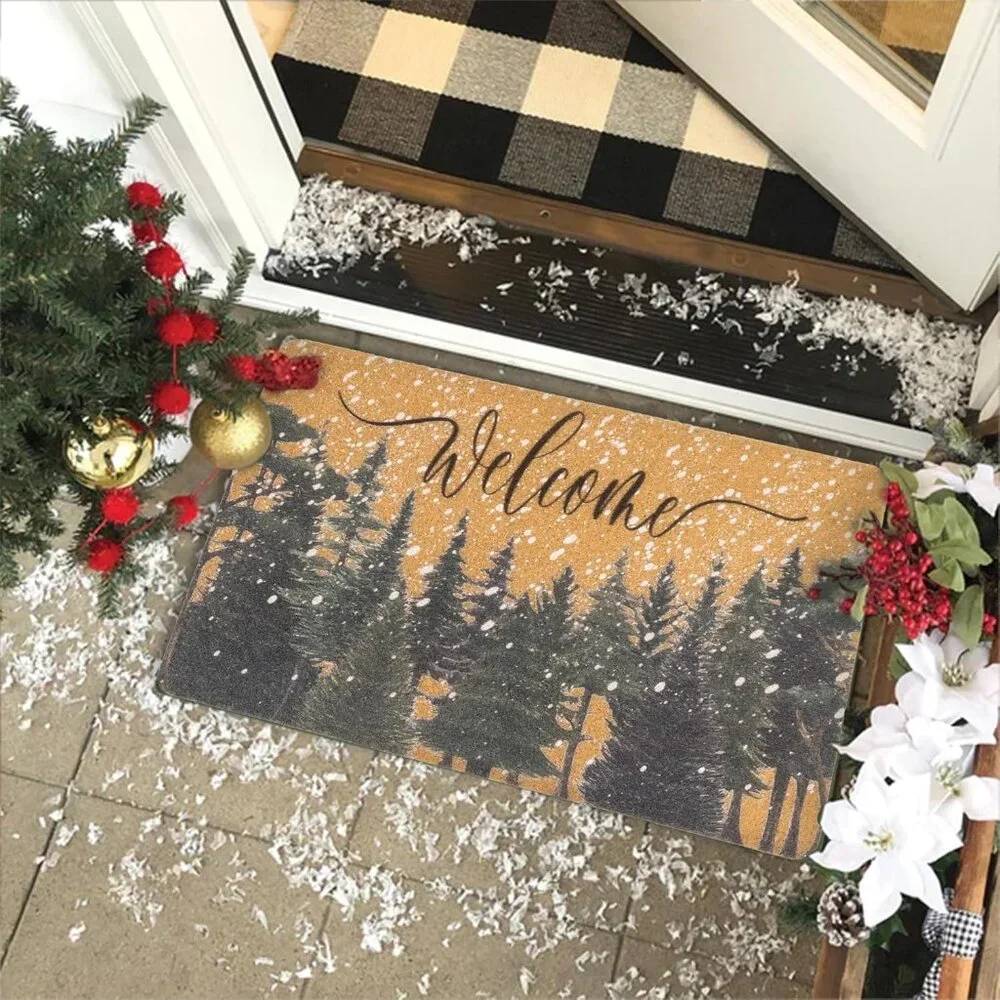 Festive 17x30” Outdoor Doormat, Faux Coir with Non-Slip Backing & Pine Trees